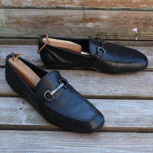 Ferragamo Black Sheepskin Buckle Bit Loafer, Made in Italy, Men's 9.5 D